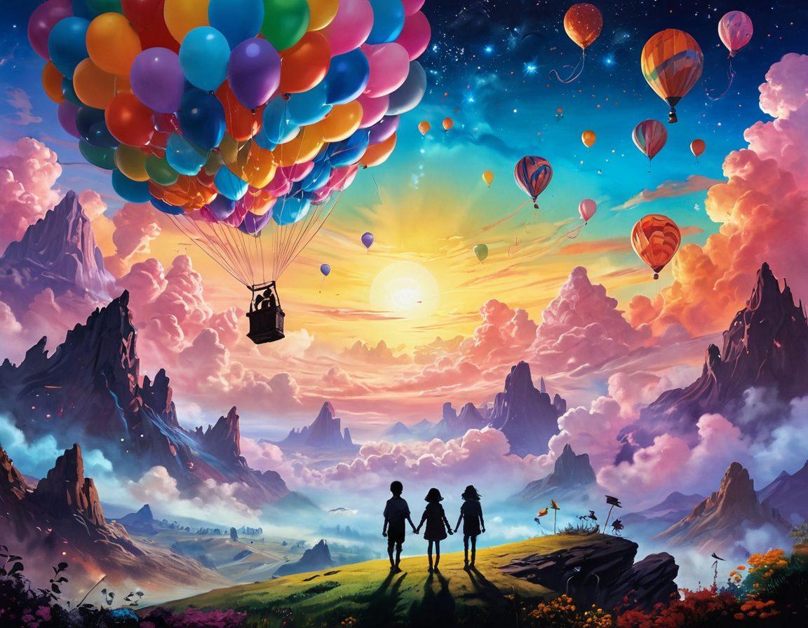 A whimsical and vibrant scene depicting a teenage dreamscape, with silhouettes of adolescents exploring fantasy worlds filled with fantastical elements like dreamlike clouds, shining stars, and surreal landscapes. Incorporate playful imagery representing the allure of youth, such as colorful balloons and oversized candy, juxtaposed with subtle hints of adult entertainment themes. The atmosphere should feel enchanting yet ethereal, capturing the essence of curiosity and exploration. vibrant colors. ethereal background.