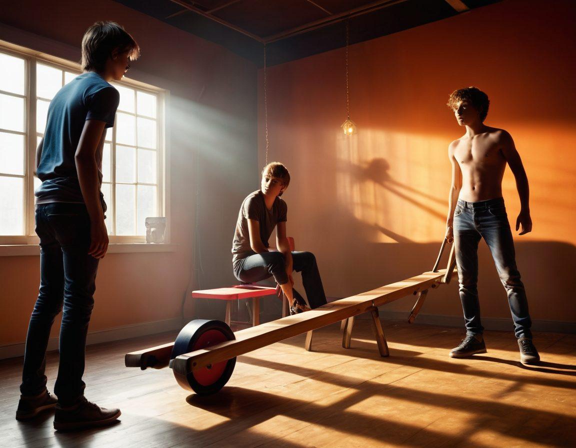 A visually striking image showcasing a split scene: on one side, a group of vibrant, energetic youths engaged in playful activities; on the other side, a more subdued adult entertainment setting with shadows and moody lighting. The contrasting themes of innocence and complexity should be evident, with symbolic elements like a seesaw balancing toys and adult items. Use a dynamic color palette to enhance the emotional depth. super-realistic. vibrant colors. dramatic lighting.