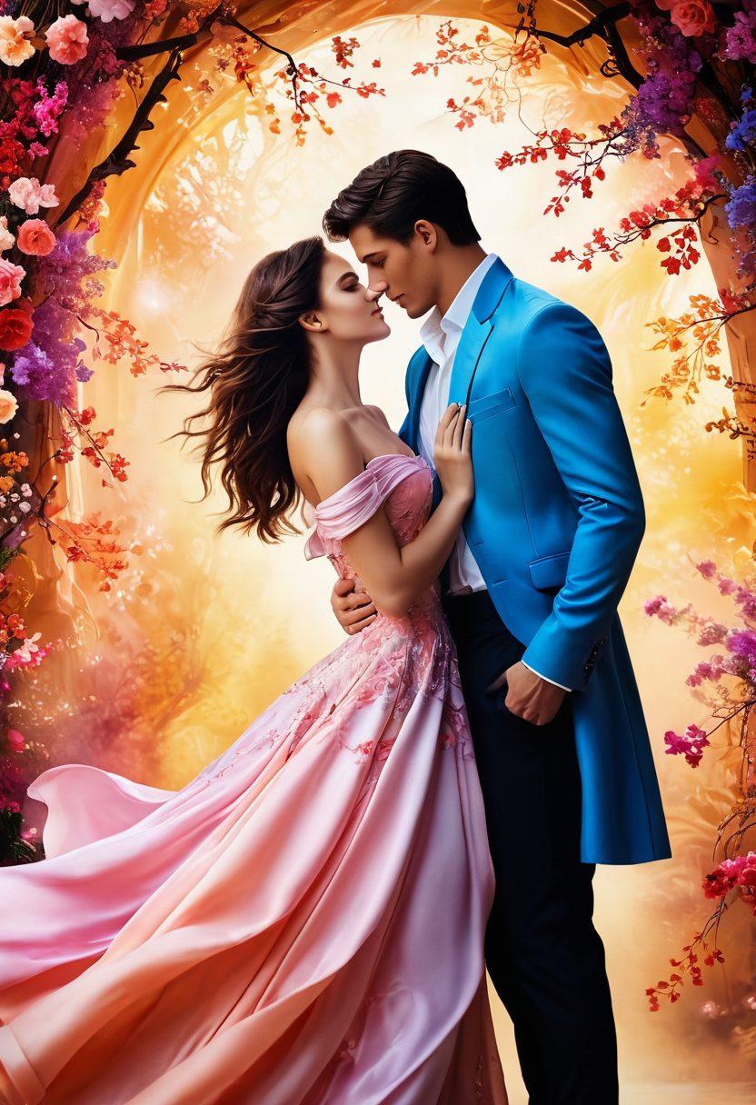 A captivating scene depicting a dynamic young adult couple engaged in playful flirtation, surrounded by dreamlike, ethereal elements that symbolize sensuality and allure; the background features soft, warm colors blending into vibrant shades, evoking a sense of intimacy and attraction. The couple is dressed in fashionable attire, their expressions filled with charm and excitement. Intricate patterns reminiscent of romance novels swirl around them, enhancing the enchanting atmosphere. super-realistic. vibrant colors. dreamy background.